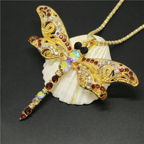 Gold Crystal Dragonfly Necklace - Picture 4 of 4